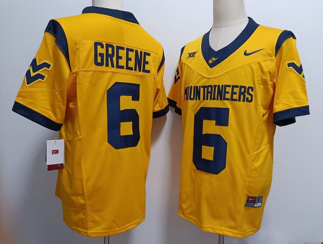 2024 NCAA Men West Virginia Mountaineers 6 Garrett Greene yellow Nike jersey